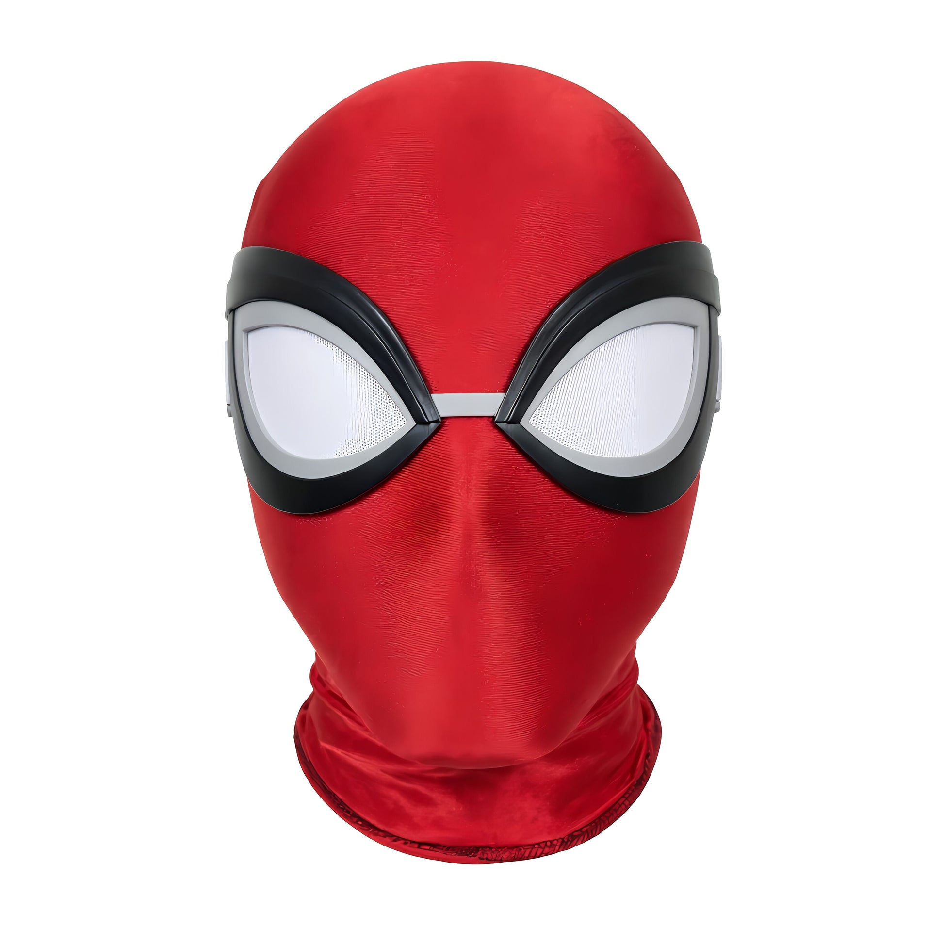 Red superhero mask with large white eyes and black eyeliner on a white background