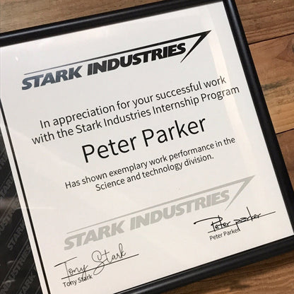 Peter Paker Stark Industries Internship Certificate & Framed Photo - GeekReplicas