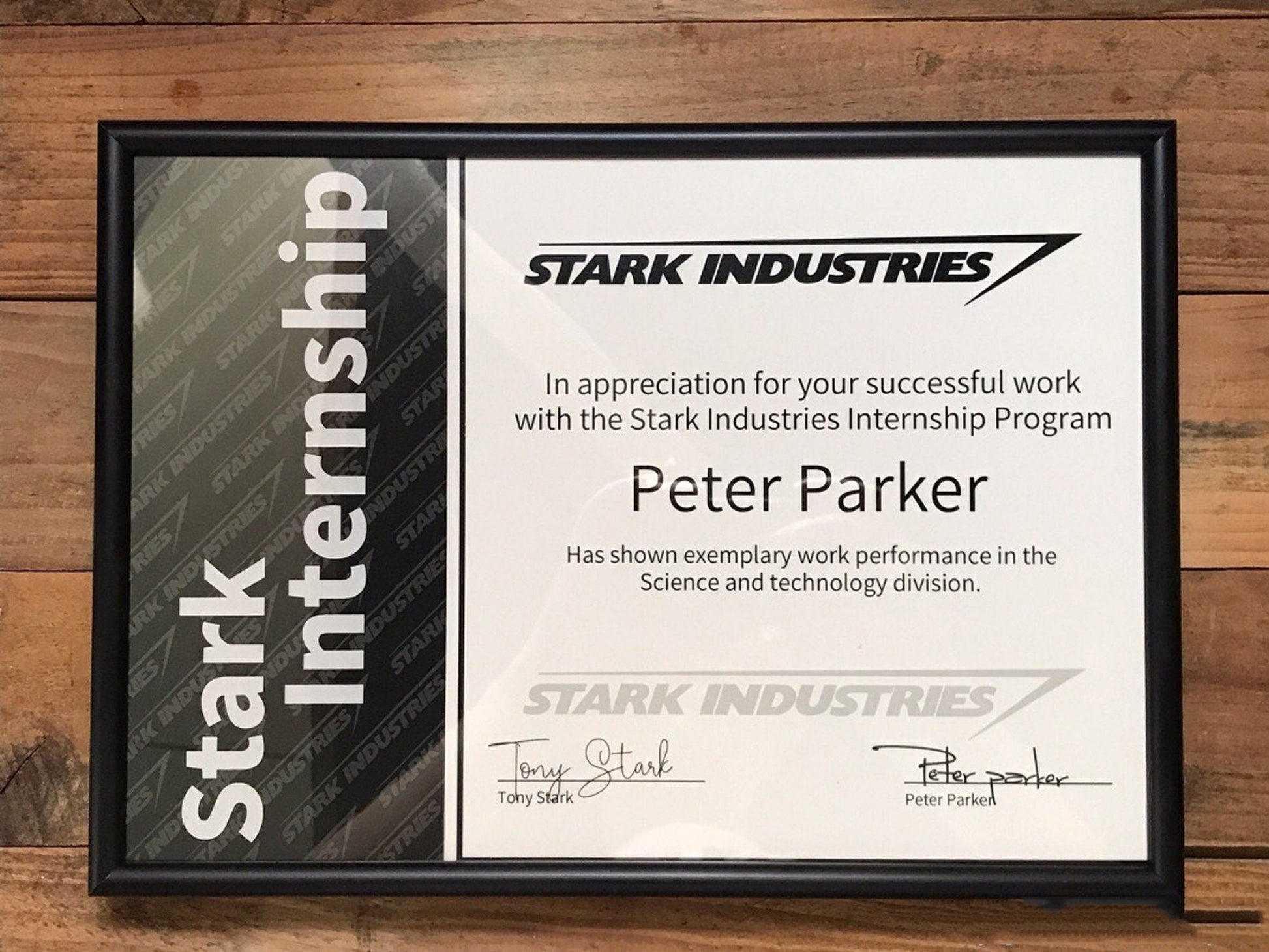 Peter Paker Stark Industries Internship Certificate & Framed Photo - GeekReplicas