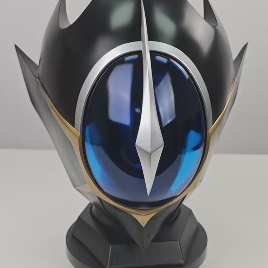 Lelouch Zero wearable helmet video preview with glossy black crown, blue visor, silver crest, and gold trim