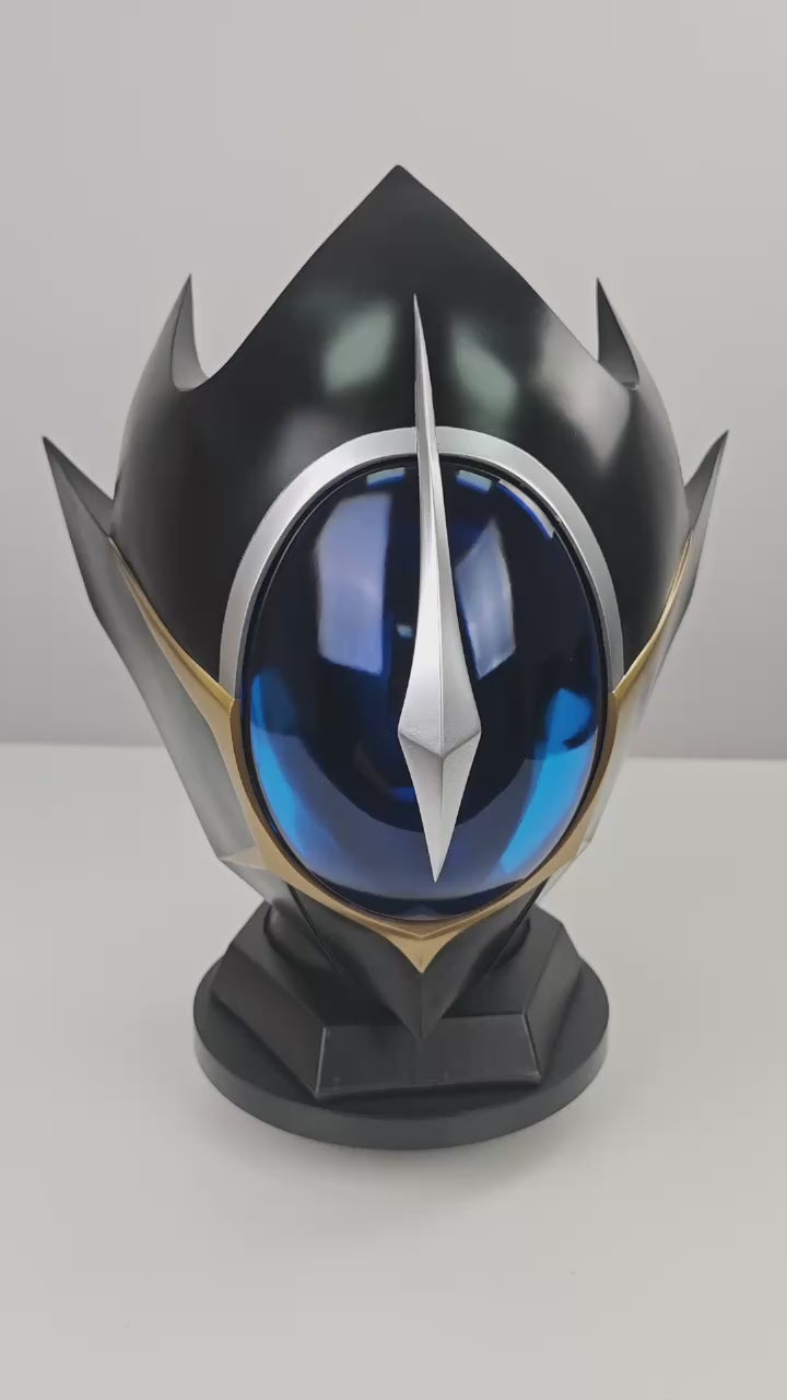 Lelouch Zero wearable helmet video preview with glossy black crown, blue visor, silver crest, and gold trim