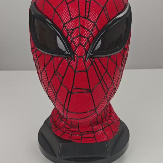 Superior Spider-Man mask product video with red checkered fabric and black mesh eye lenses