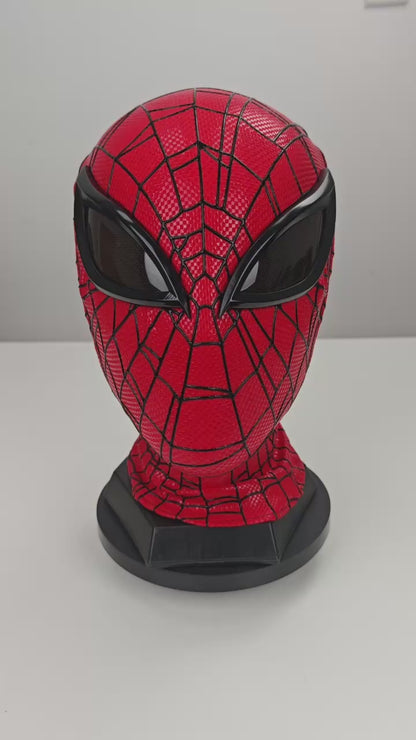 Superior Spider-Man mask product video with red checkered fabric and black mesh eye lenses