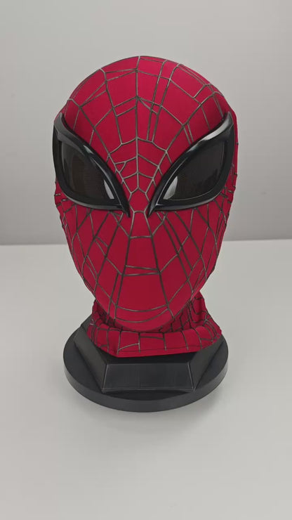 Superior Spider-Man mask product video showing a red webbed mask with black eye lenses on a display base